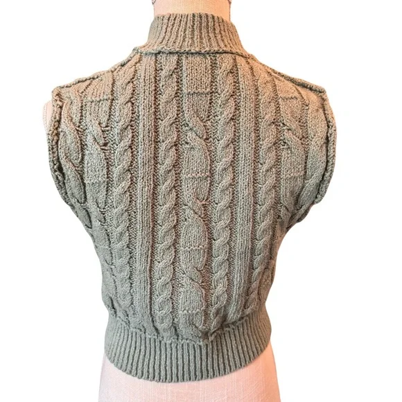 Free People Cropped Cable Knit Sleeveless Turtleneck Sweater in Mountain Mint - Picture 3 of 9